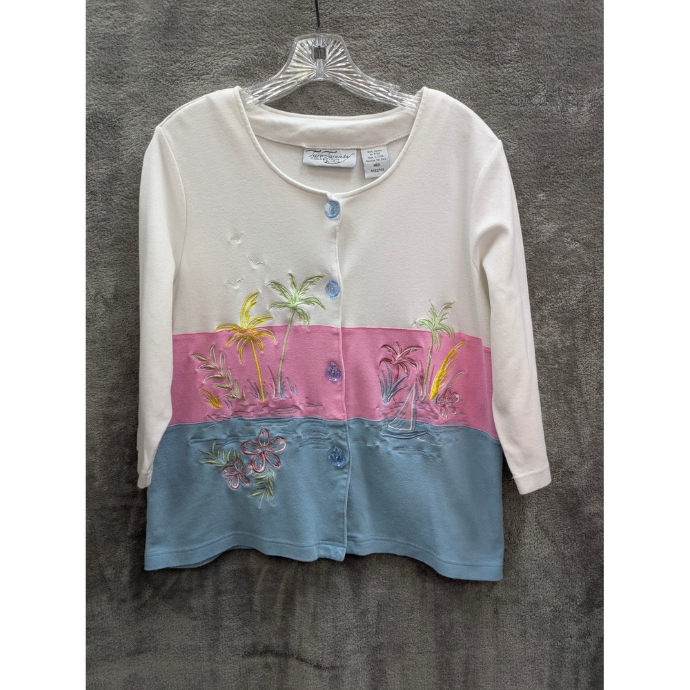 Coastal Grandma Button Front Cardigan Embroidered Palm Tree Tropical Colorblock‎